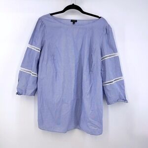 Talbots Blue Striped 1X Tunic Coastal Boho Blouse Crochet Preppy Summer Poplin